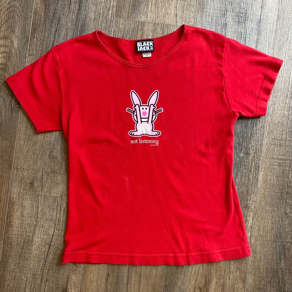Black Jack Jim Benton Not Listening Bunny Red Baby Tee Y2K Graphic Shirt L